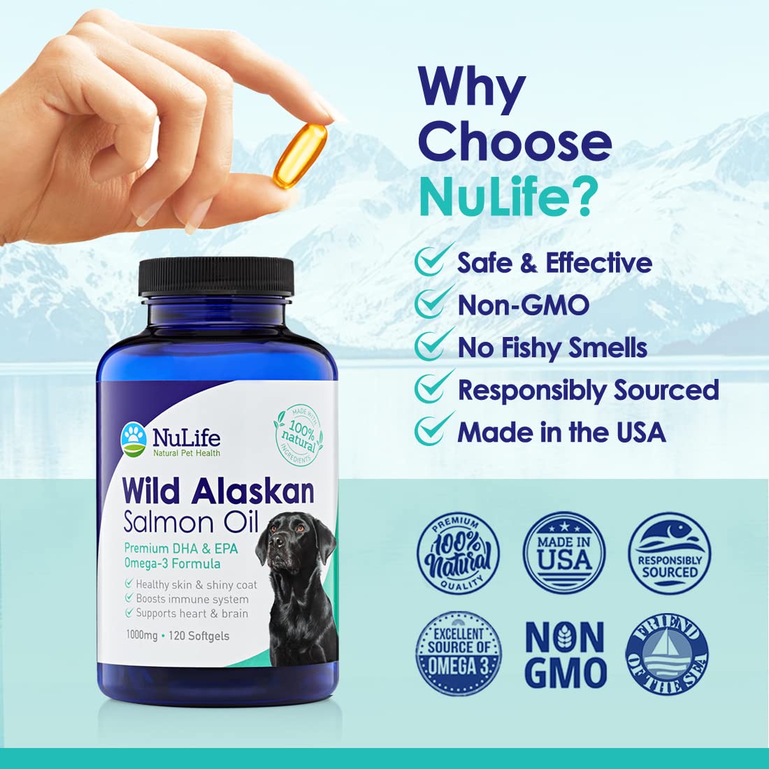 Pure Wild Alaskan Salmon Oil for Dogs, Omega 3 Fish Oil Supplement for Healthy Skin & Shiny Coat, Prevents Itchy Skin, Skin Alle